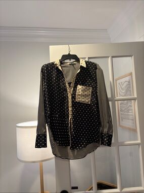 DREW Black and Cream Polka Dot + Stripe Button-Front Blouse